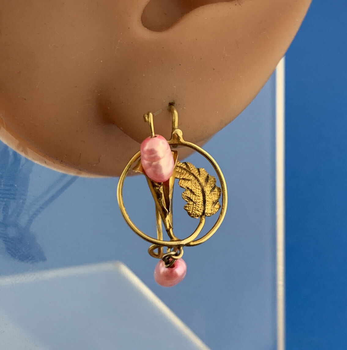 Art Nouveau Art Deco 10K Yellow Gold Pink Baroque Pearl Drop Dangle Hook Earring