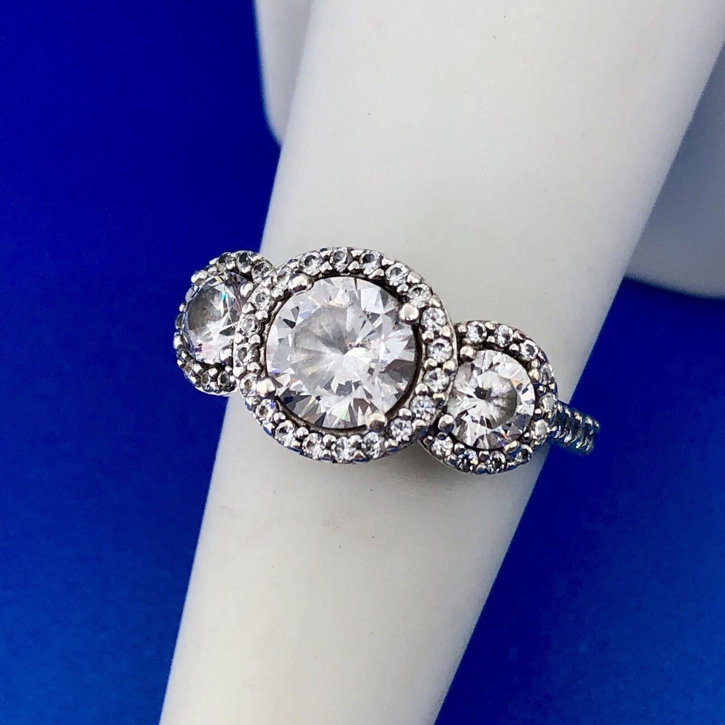 Designer 925 Sterling Silver Cubic Zirconia CZ Trio Halo Engagement Promise Ring