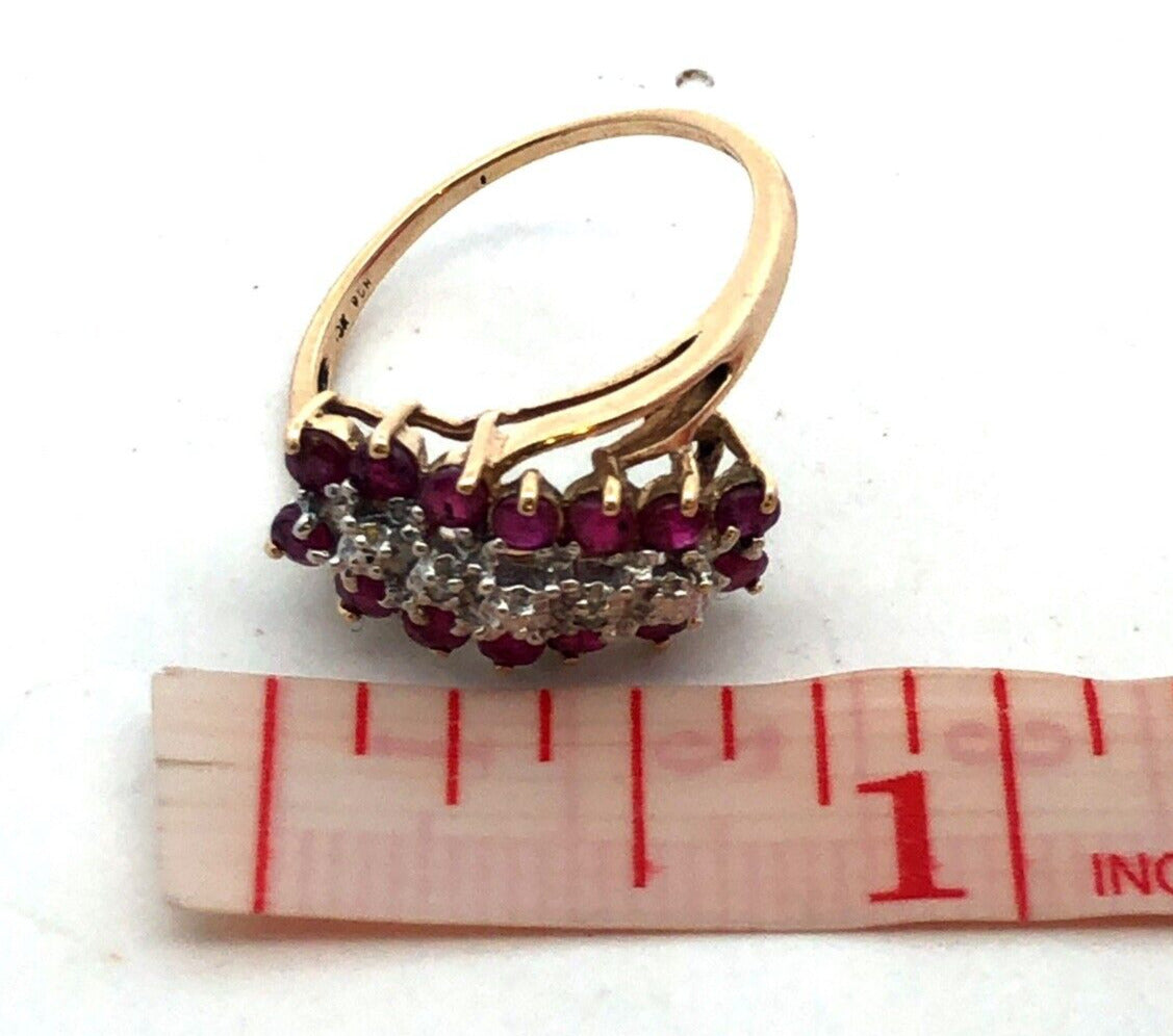 Designer RN 10K Yellow Gold Round Ruby Diamond Oval Waterfall Bypass Ring