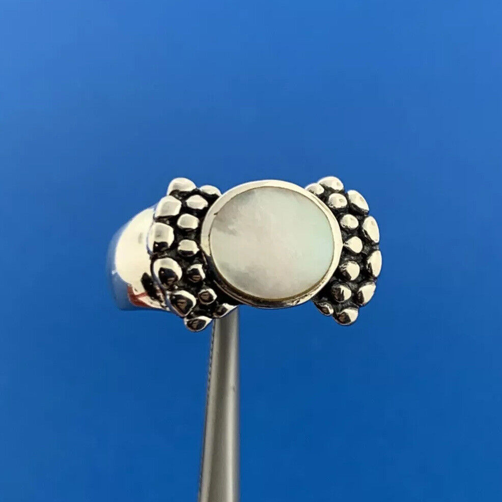 Designer NF 925 Sterling Silver Mother Of Pearl Oval Cabochon Beaded Style Ring