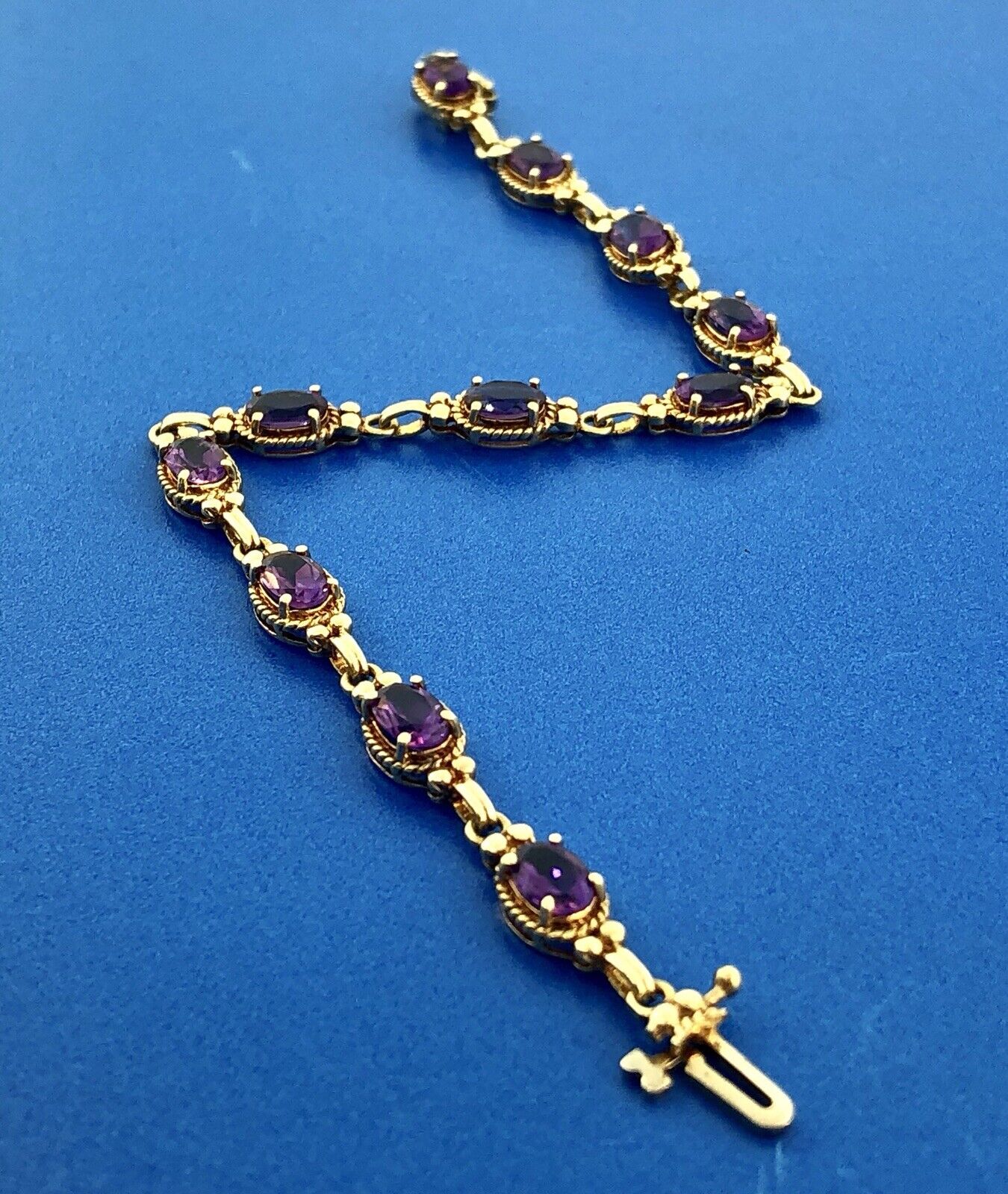 Vintage 10K Yellow Gold Oval Amethyst Panel February Anniversary Tennis Bracelet