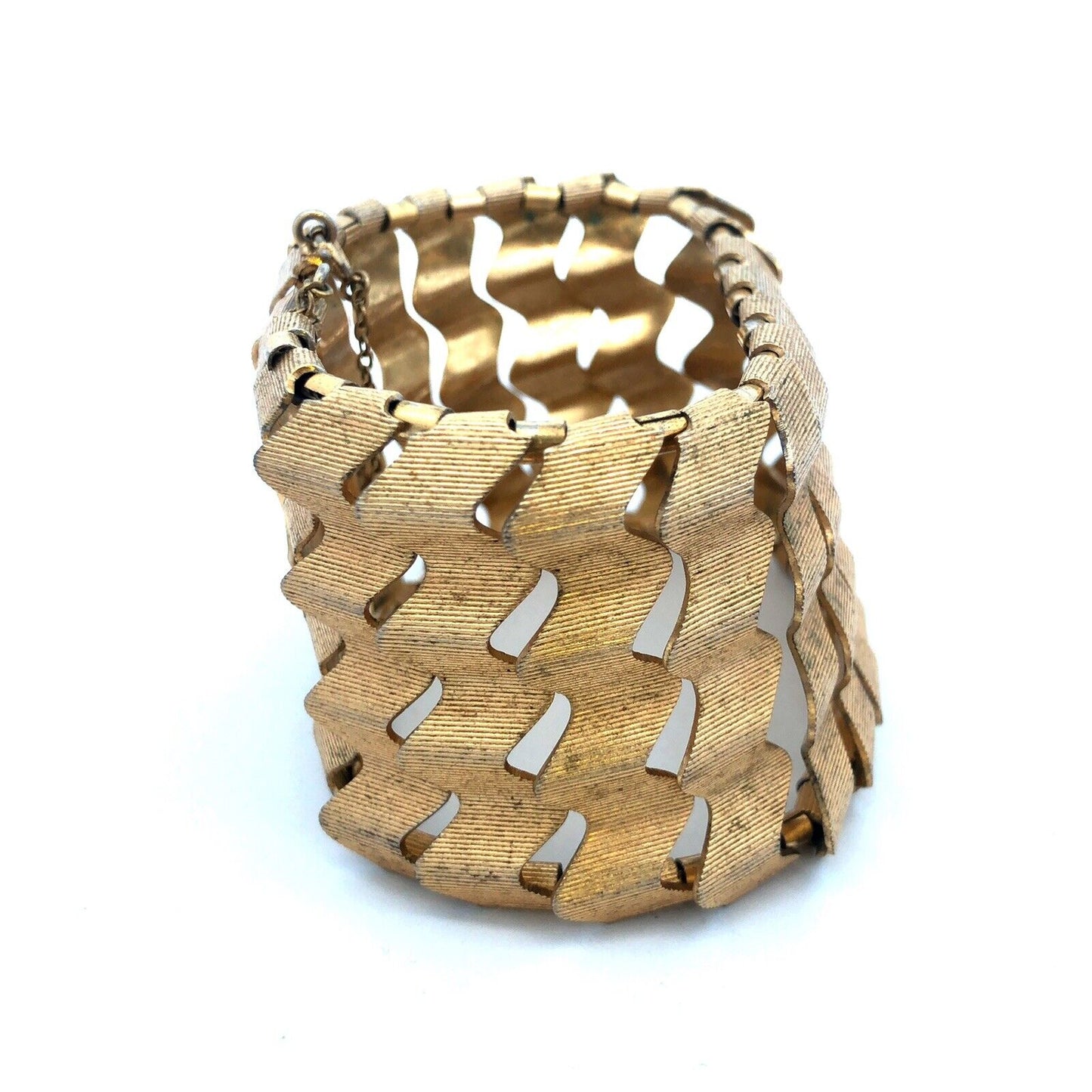 Mid Century Modernist Gold Tone Wave Link Wide Cuff Statement Bracelet