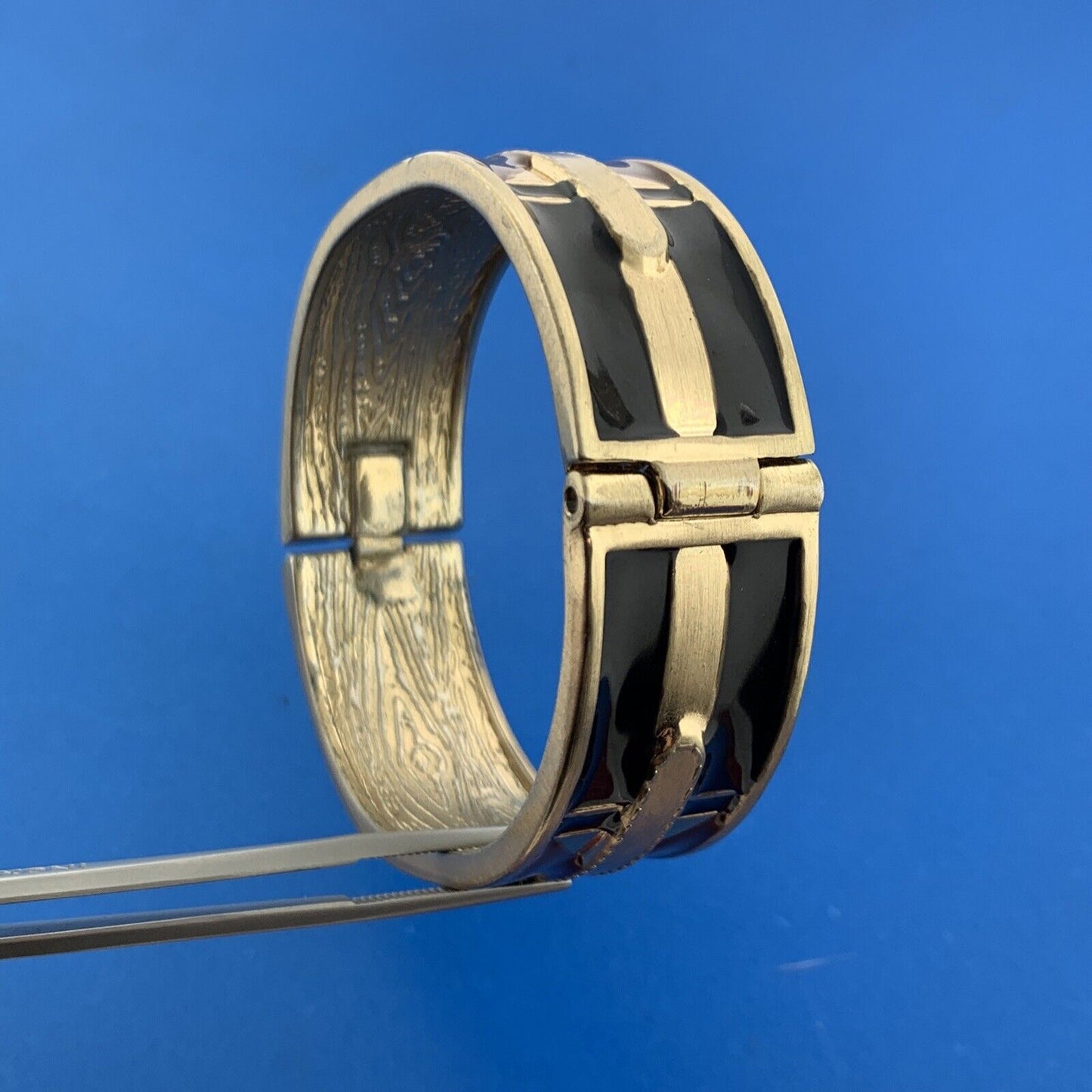 1980's Gold Tone Black Brown Gold Enamel Belt Buckle Design Hinged Cuff Bracelet