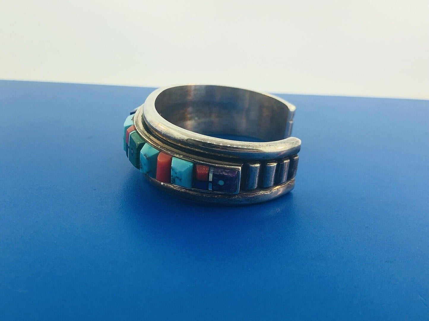 Native American 925 Sterling Silver Turquoise Multi Gem Cuff Bracelet Ronnie