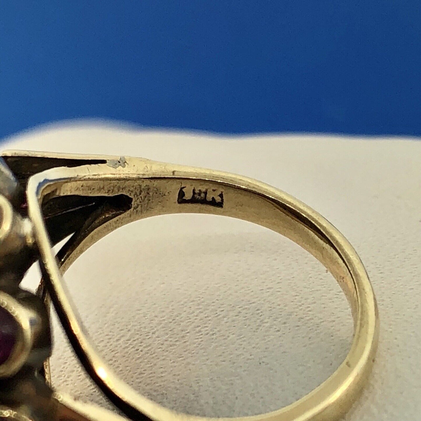 Art Deco 10K Yellow White Gold Ruby Cluster Princess July Anniversary Ring