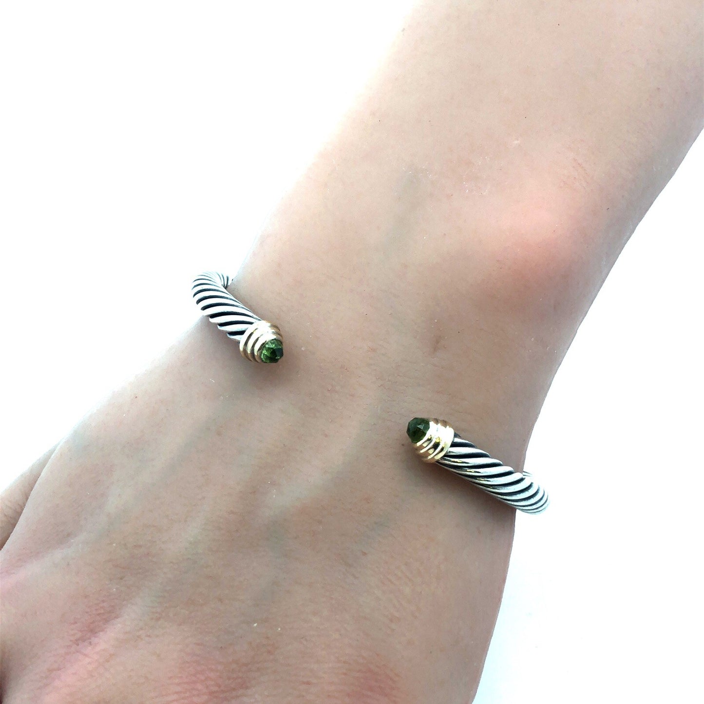 David Yurman Sterling Silver 14K Gold Peridot 5mm Classic Cable Cuff Bracelet