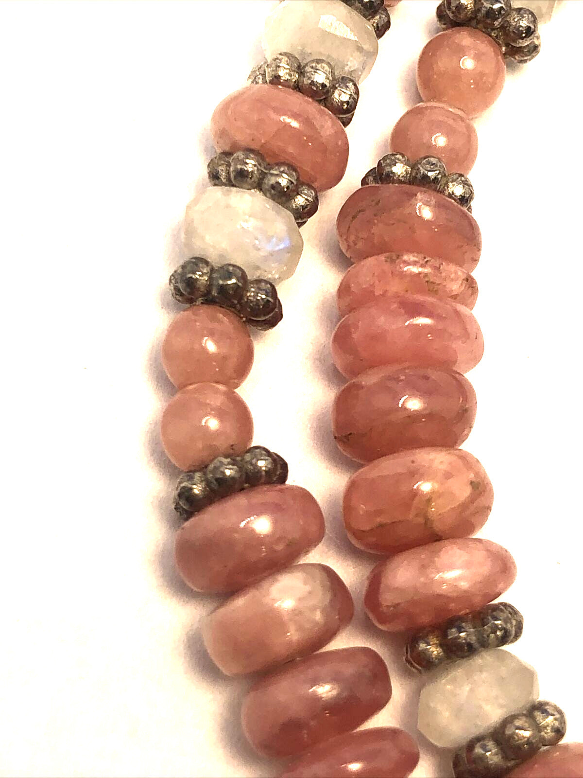 Estate 925 Sterling Silver Rhodochrosite Moonstone Stone Beaded Pendant Necklace