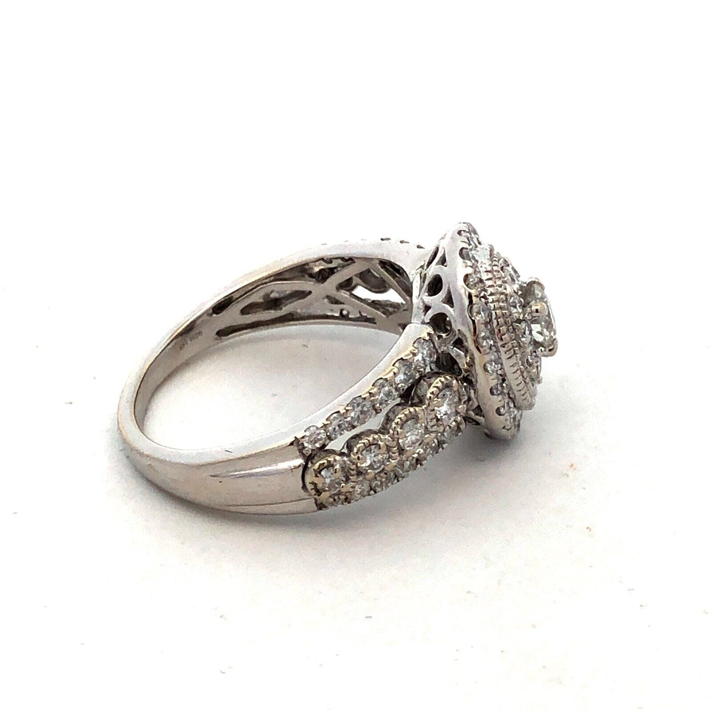 Designer GDM 14K White Gold Round Diamond Cluster Halo Oval Engagement Ring