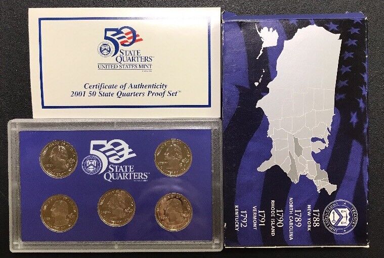 2001 S United States Mint Proof State Quarters Set 5 Coin Set w/ Box/COA
