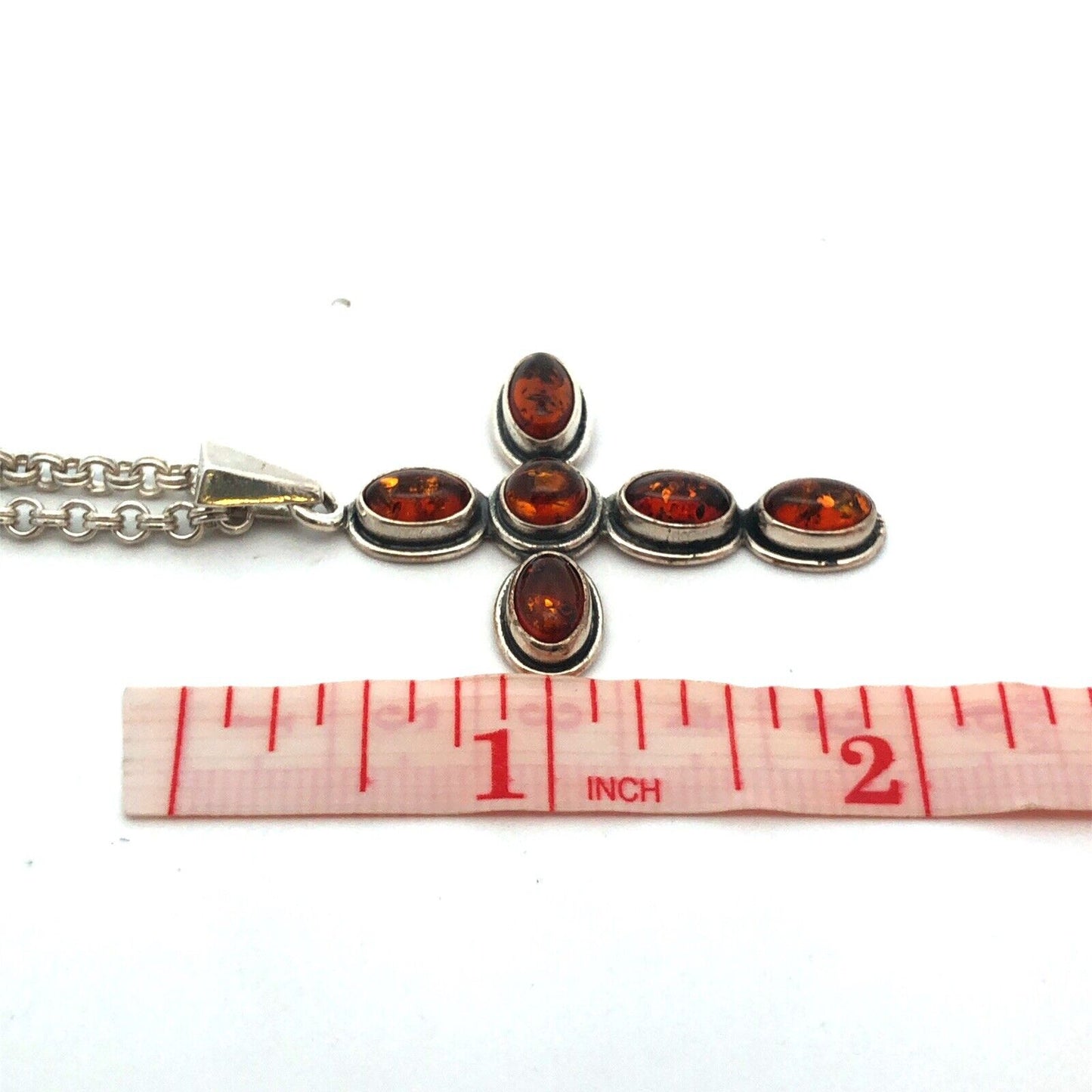925 Sterling Silver Designer Vior Italy Oval Amber Cross Pendant Chain Necklace