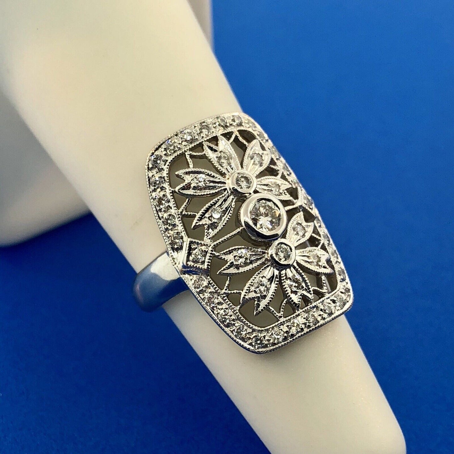 Vintage 18K White Gold Diamond Floral Filigree Statement Finger Ring