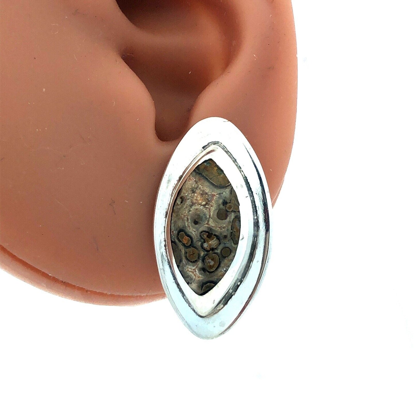 Vintage Mexico 925 Sterling Silver Oval Leopard Skin Jasper Stud Earrings