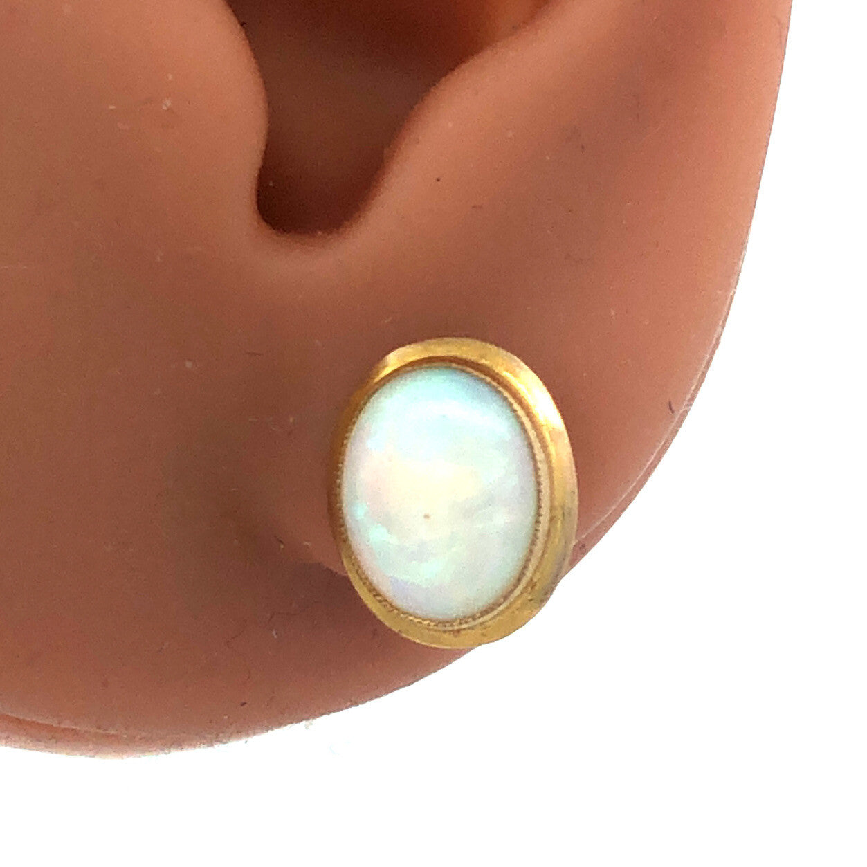14K Yellow Gold Oval Opal Cabochon October Sweetheart Anniversary Stud Earrings