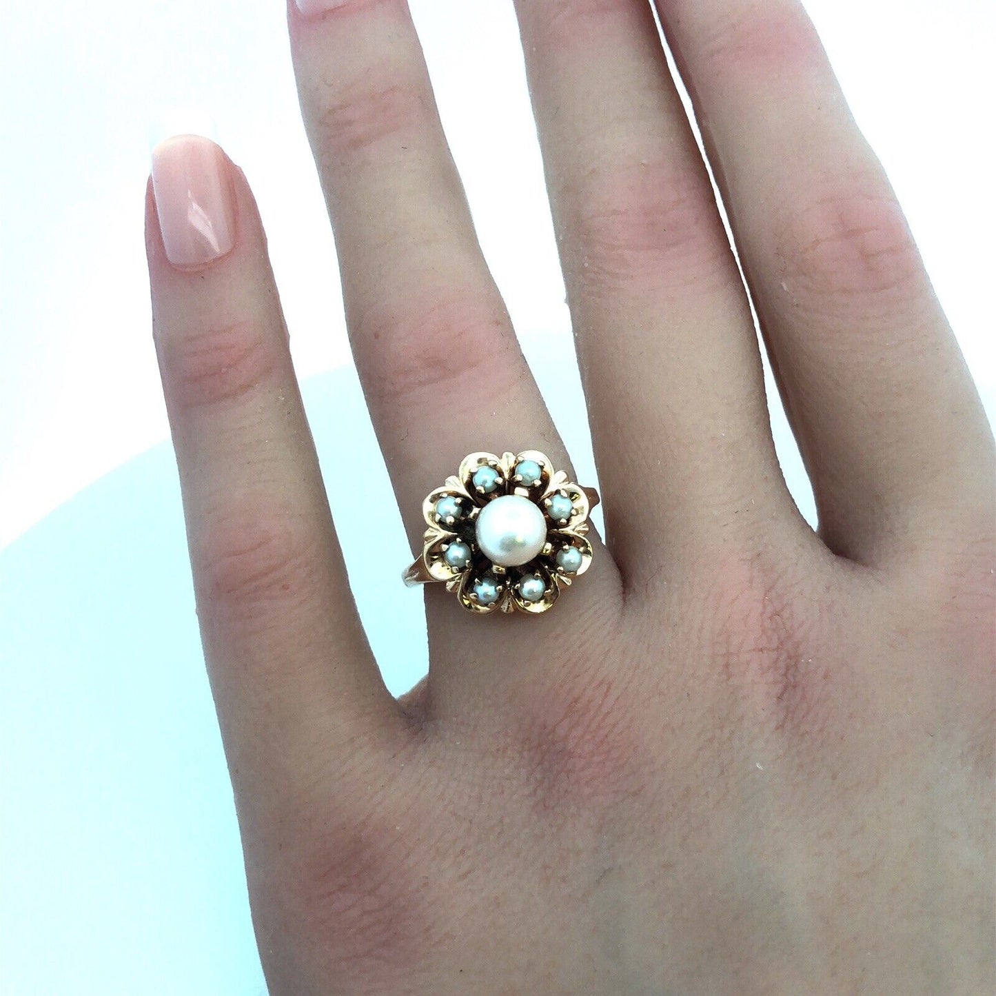 Vintage 14K Yellow Gold Pearl Solitaire With Pearl Halo Anniversary Ring