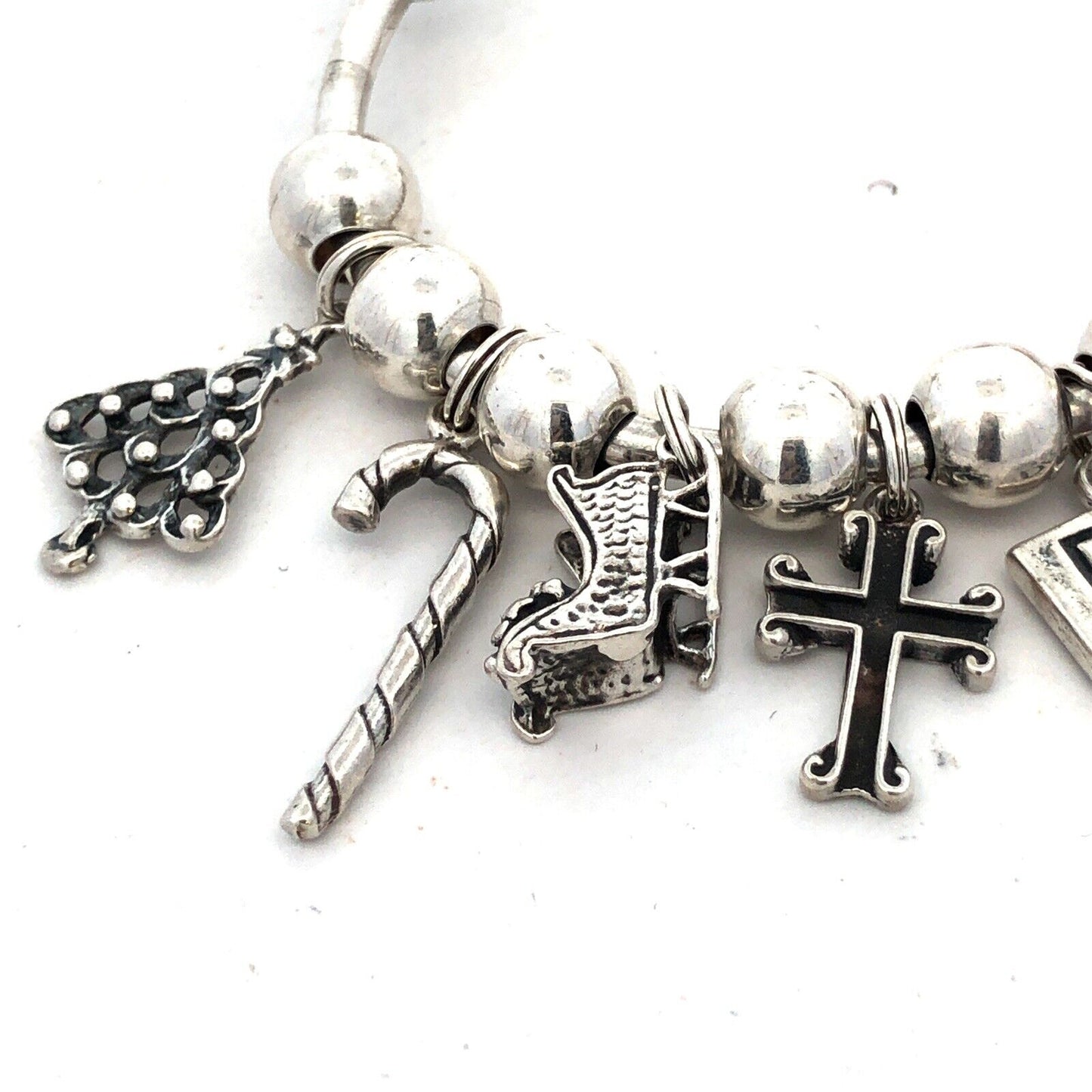 Vintage SJC 925 Sterling Silver Christmas Holiday Theme Beaded Charm Bracelet