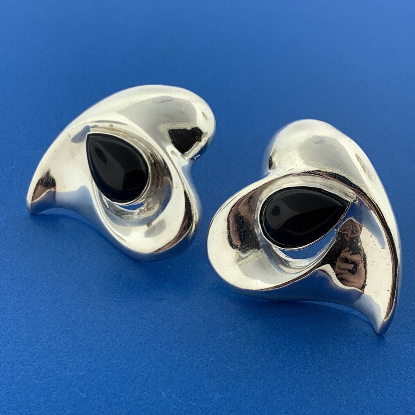 Designer Sterling Silver 925 Teardrop Onyx Abstract Stud Friction Back Earrings