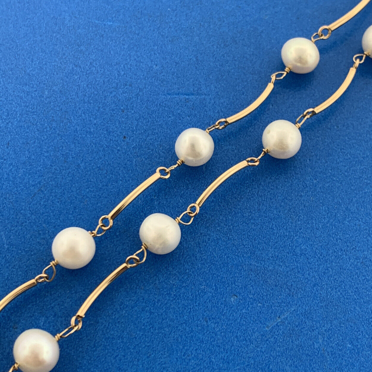 Designer 14K Yellow Gold Pearl Station Bar Link June Bridal Anniversary Necklace
