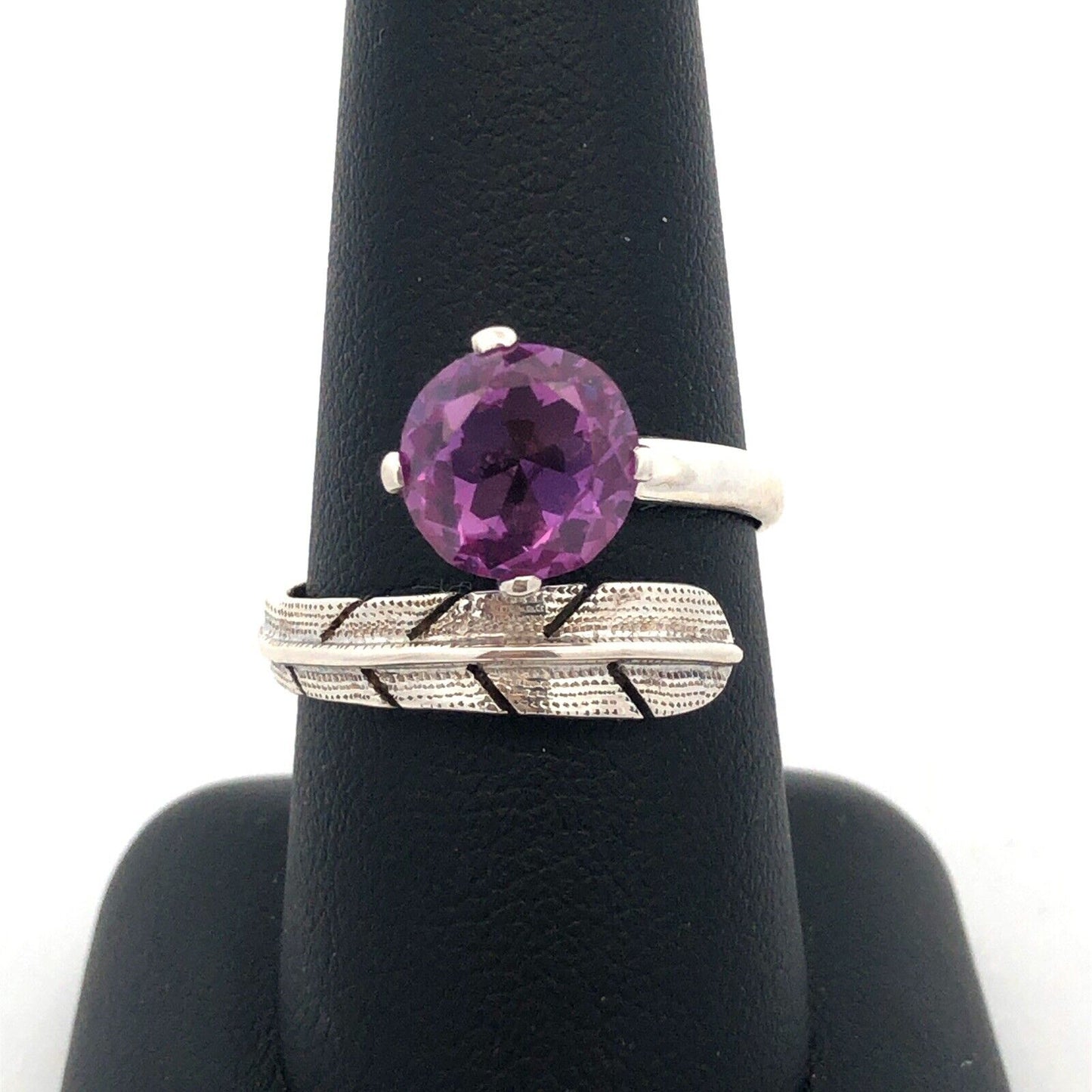 Vintage FS Mexico 925 Sterling Silver Round Purple Sapphire Feather Bypass Ring