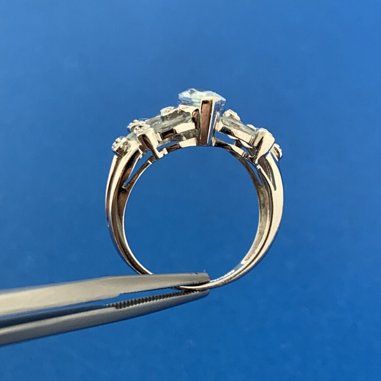 Designer 10K White Gold Aquamarine Diamond Accent March Anniversary Ring
