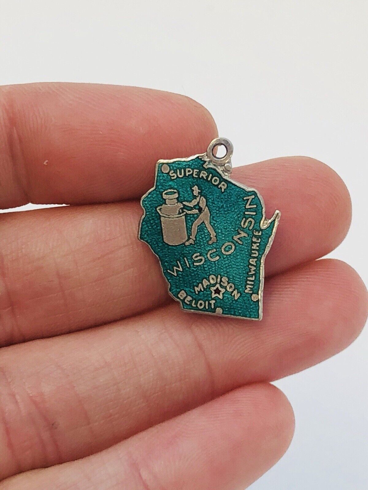 Vintage 925 Sterling Silver Green Enamel Wisconsin Bracelet Charm Nurse Doctor