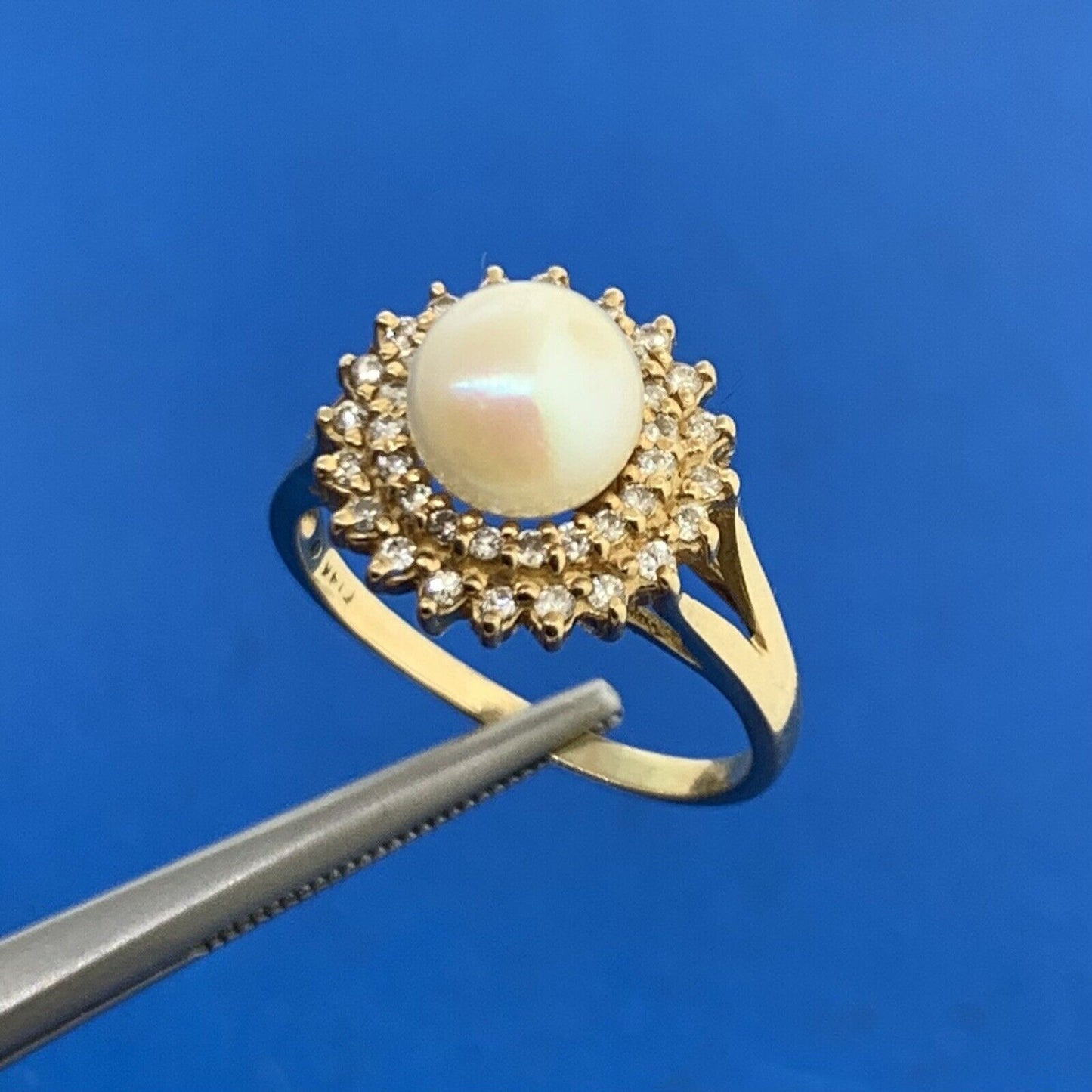 Vintage 14K Yellow Gold Pearl Solitaire Diamond Double Halo Cocktail Ring