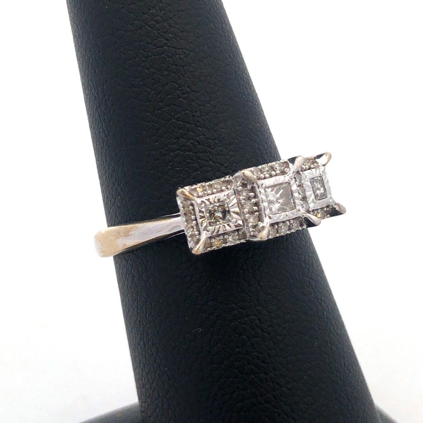 ZEI 10K White Gold Princess Cut Trio Halo Accents Diamond Engagement Bridal Ring