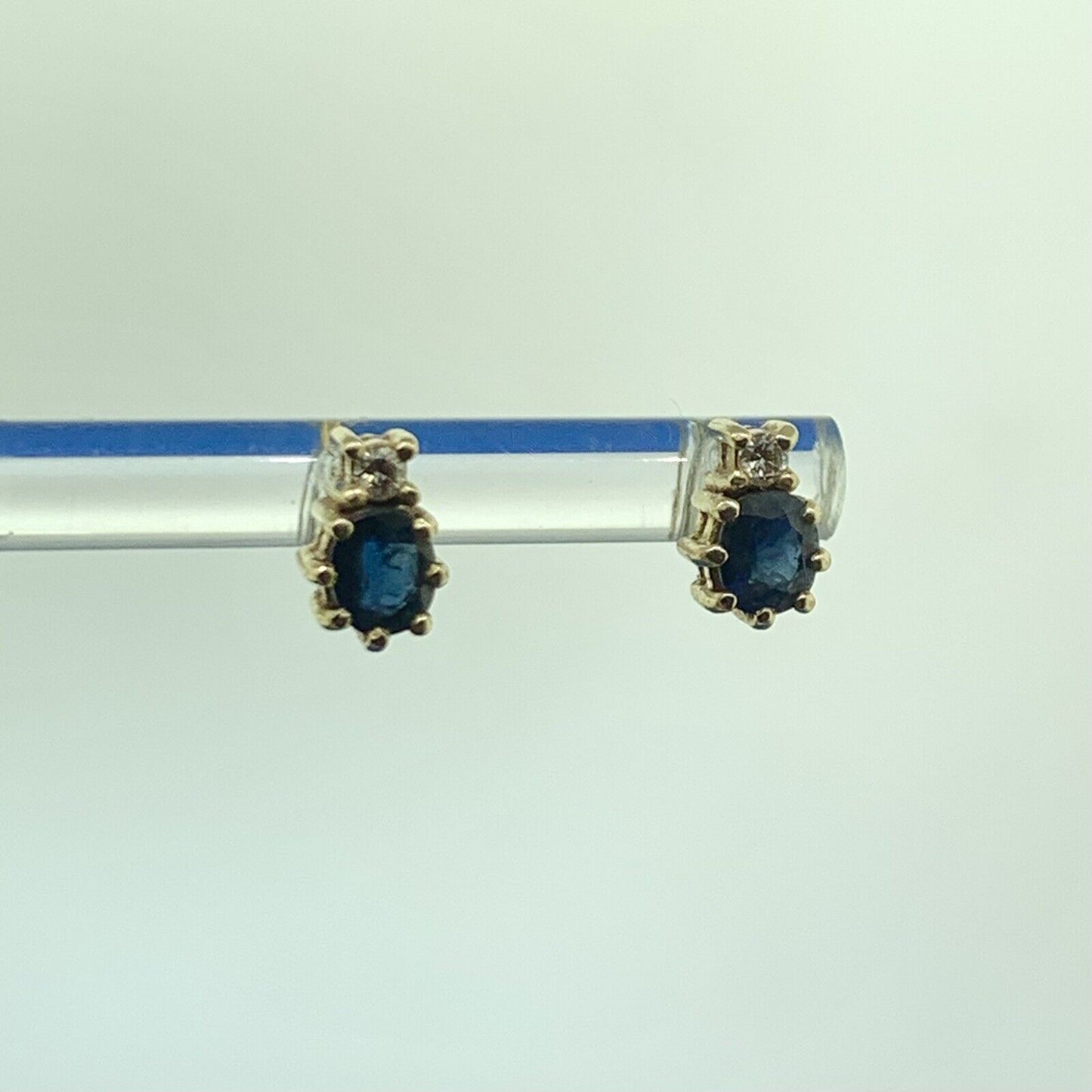 14K Yellow Gold Oval Blue Sapphire Diamond Accent Stud Earrings