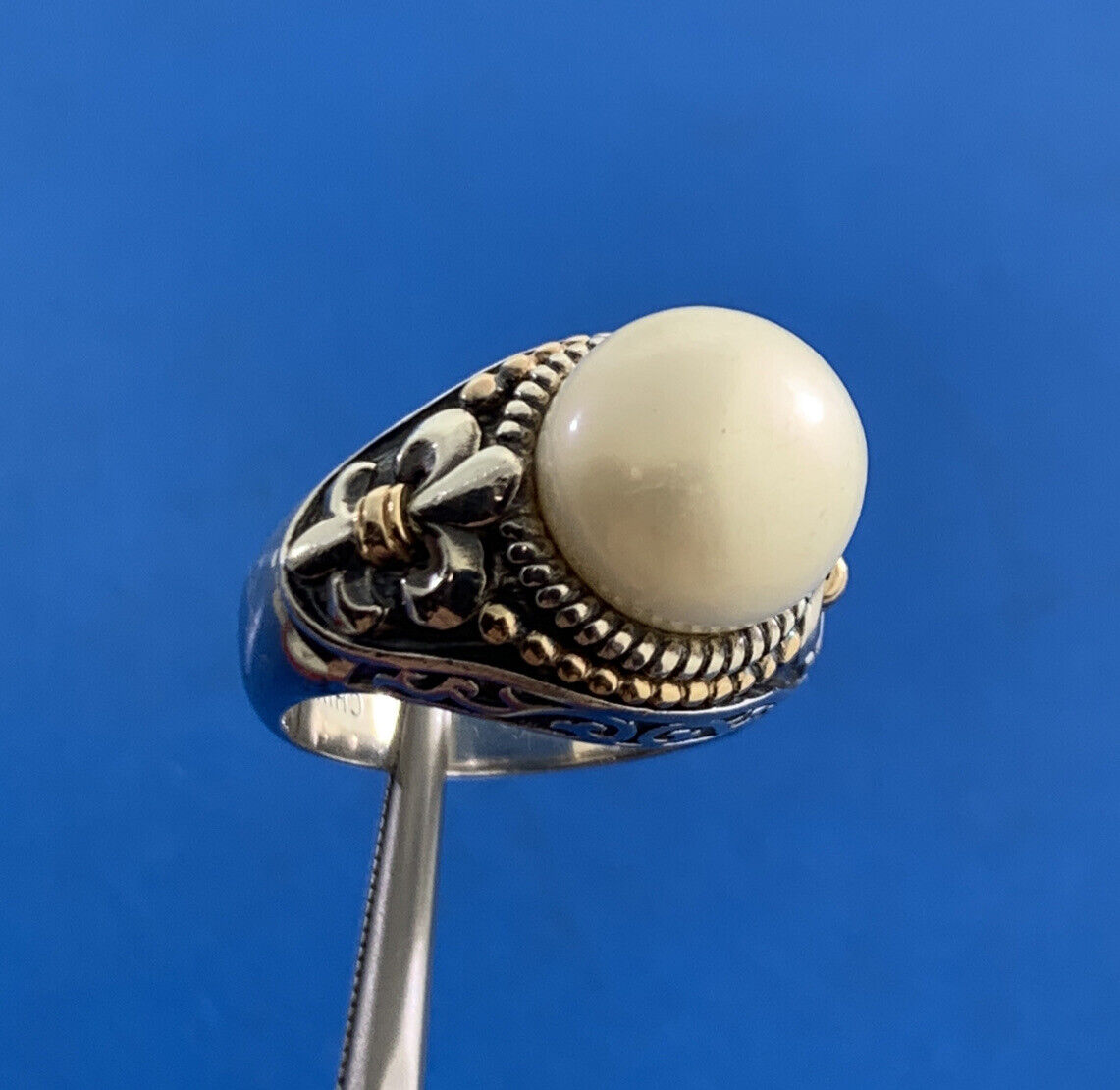Designer 925 Sterling Silver 14K Yellow Gold Pearl Fleur De Lis Statement Ring
