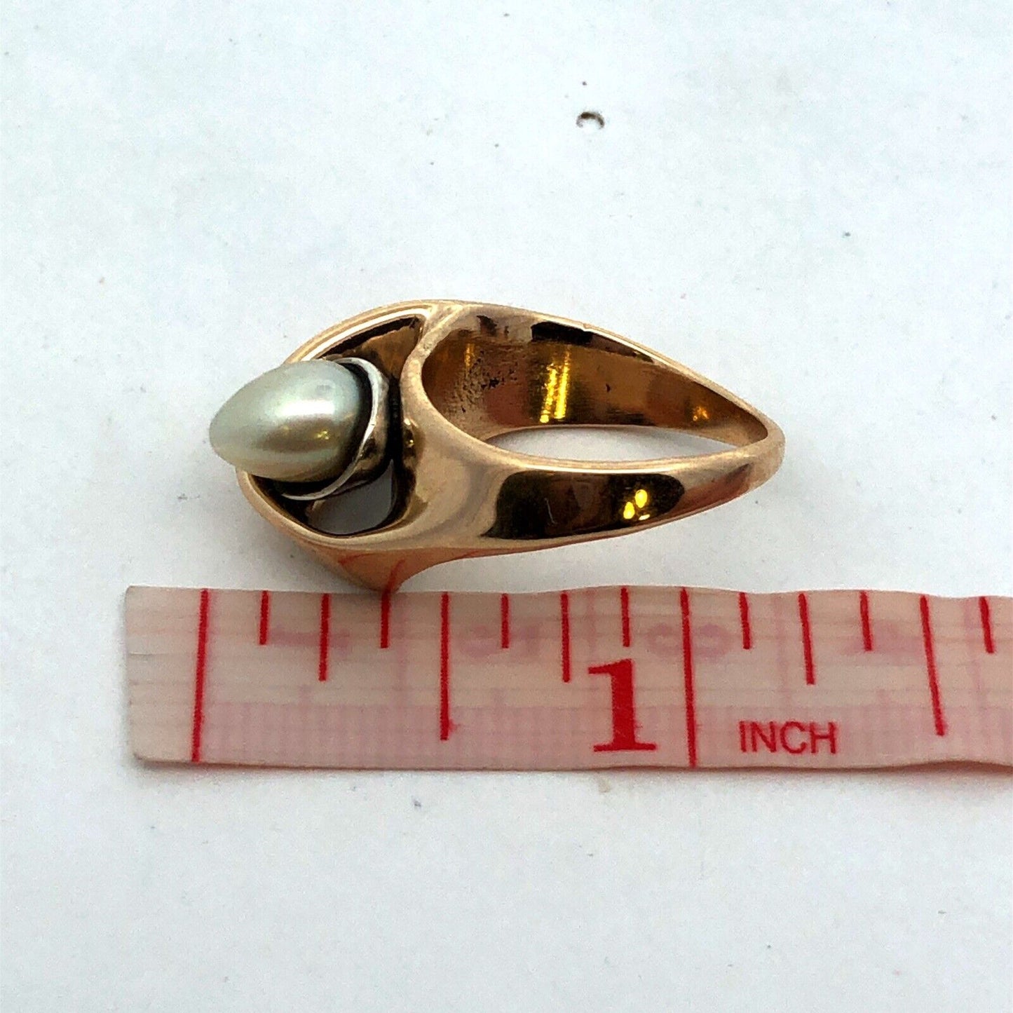 Vintage BAN 14K Yellow Gold Egg Oval Pearl Modernist Statement Ring