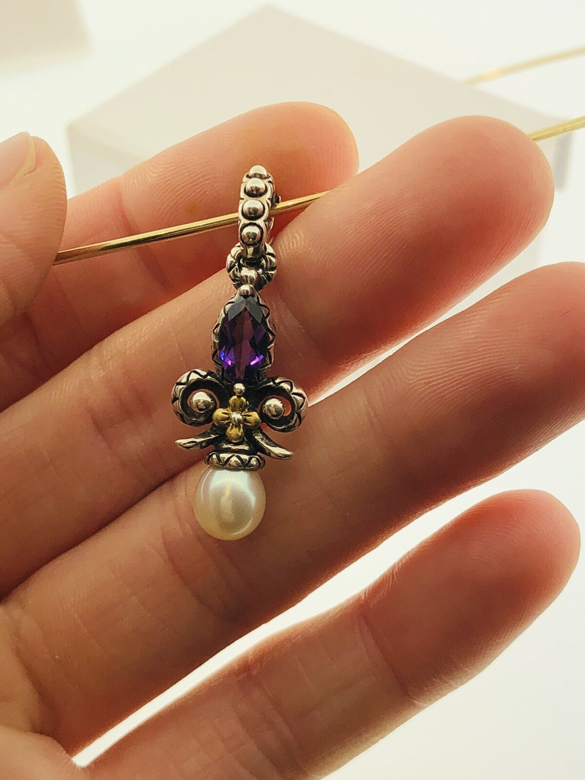 Barbara Bixby 18K Gold Sterling Silver Pearl Amethyst Drop Enhancer Pendant S173