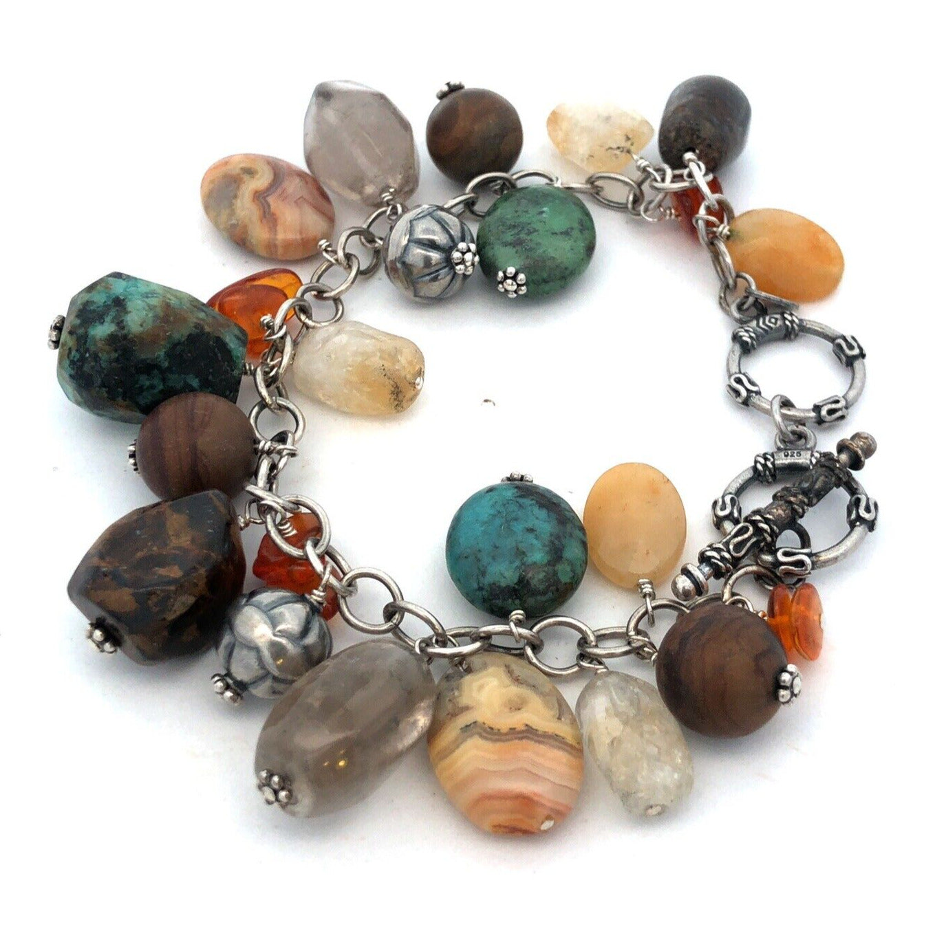 Silpada 925 Sterling Silver Multi-Gemstone Turquoise Agate Charm Chain Bracelet