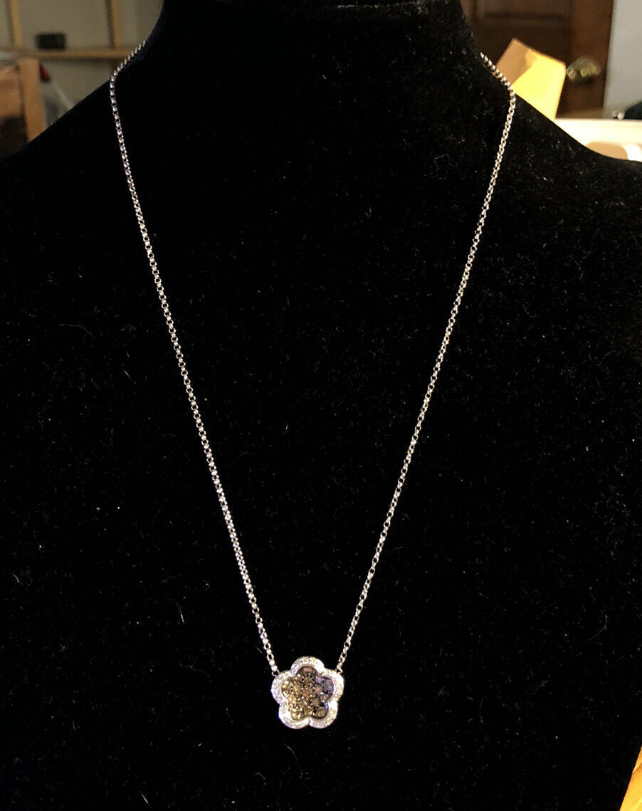 Designer 18K White Gold Champagne & White Diamond Flower Cluster Necklace