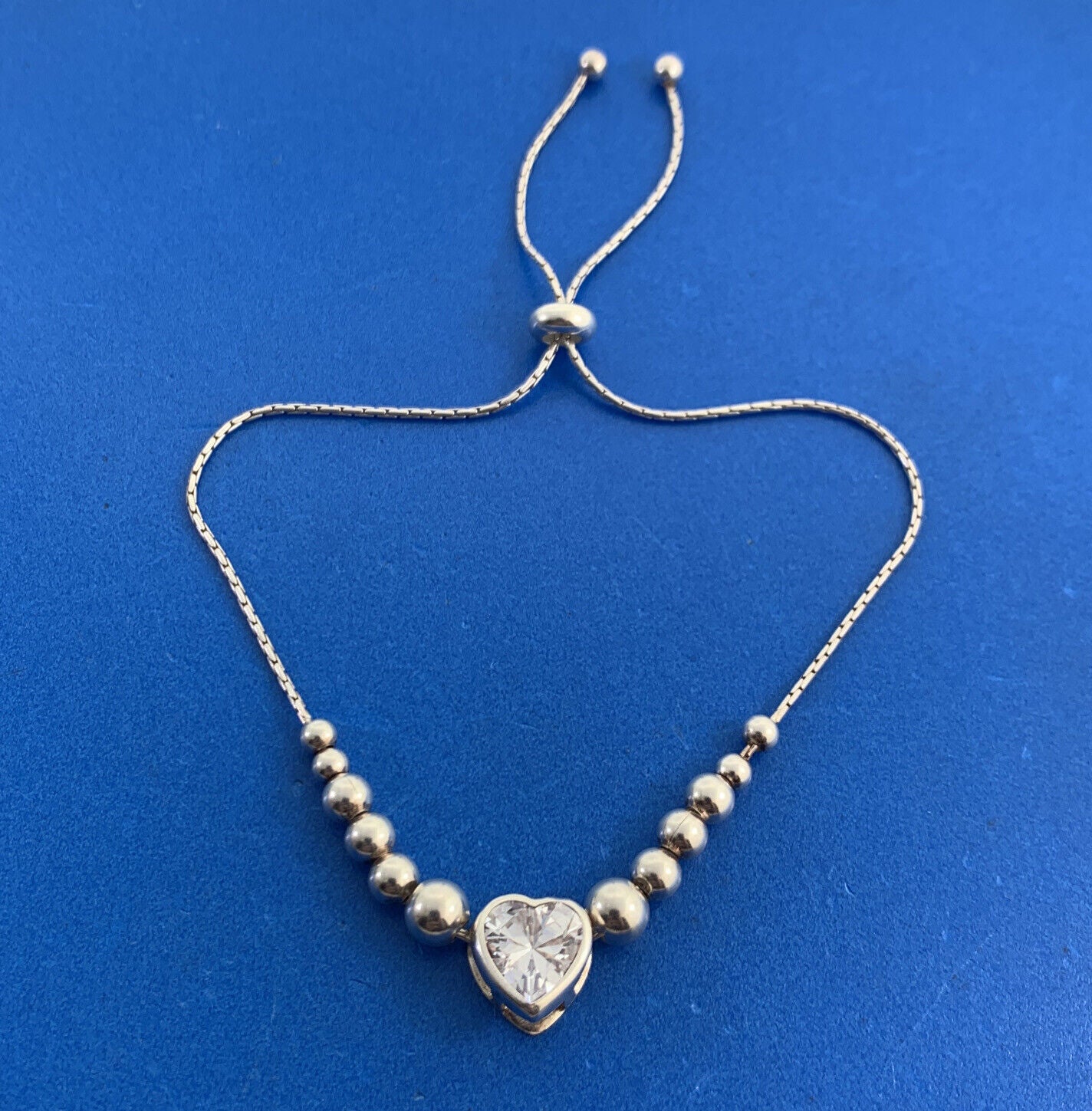 Cubic Zirconia Heart Charm 925 Sterling Silver Beaded Adjustable Bracelet