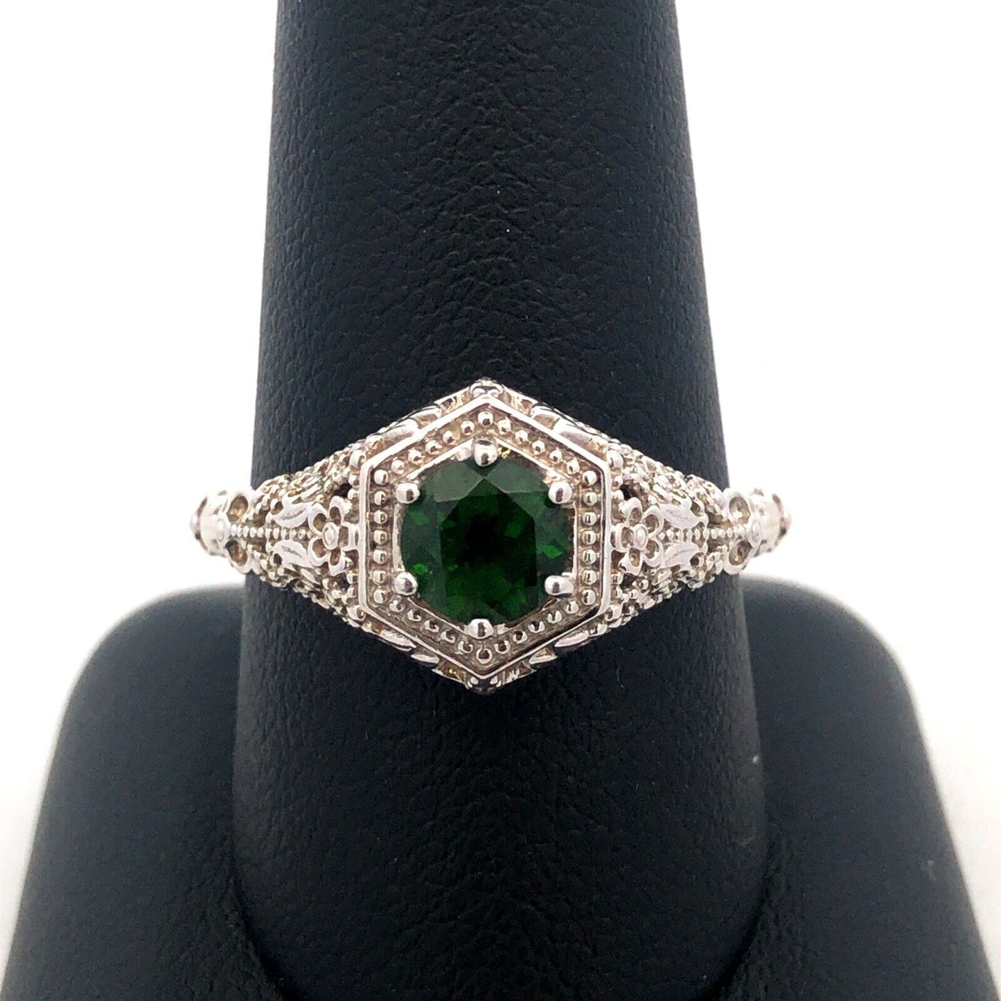 Designer BBJ 925 Sterling Silver Round Green Tourmaline Filigree Solitaire Ring