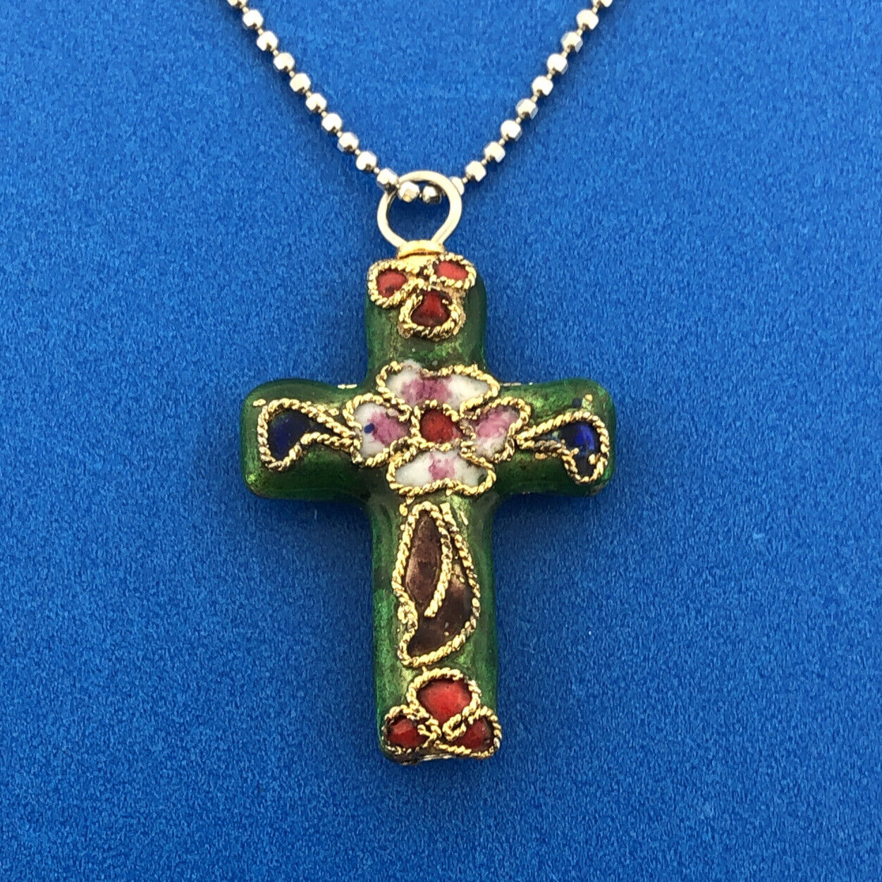 Retro 925 Sterling Silver Vermeil Enamel Cloisonne Cross Two Toned Necklace
