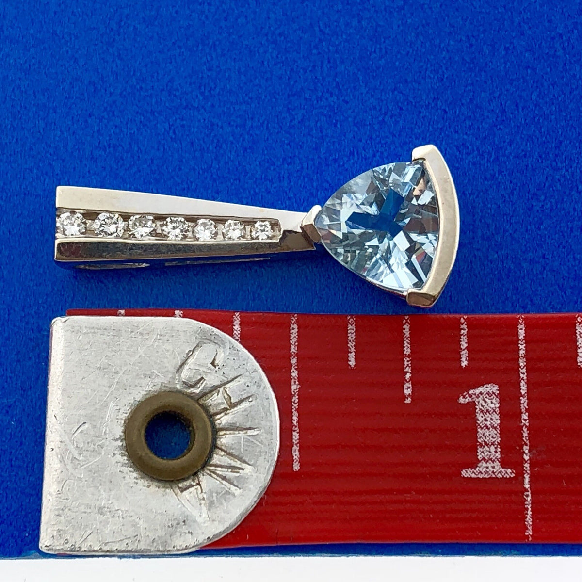 Designer MA 14K White Gold Trillion Cut Swiss Blue Topaz Diamond Accent Pendant