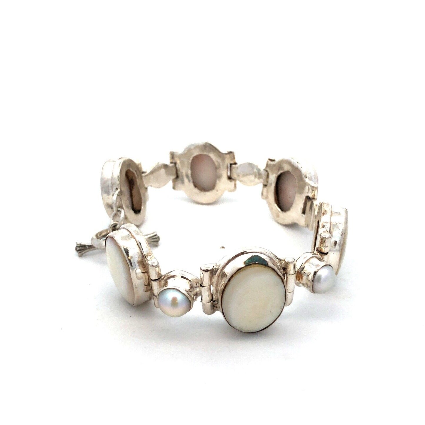 Vintage 925 Sterling Silver Oval Mother of Pearl Pearl Toggle Tennis Bracelet