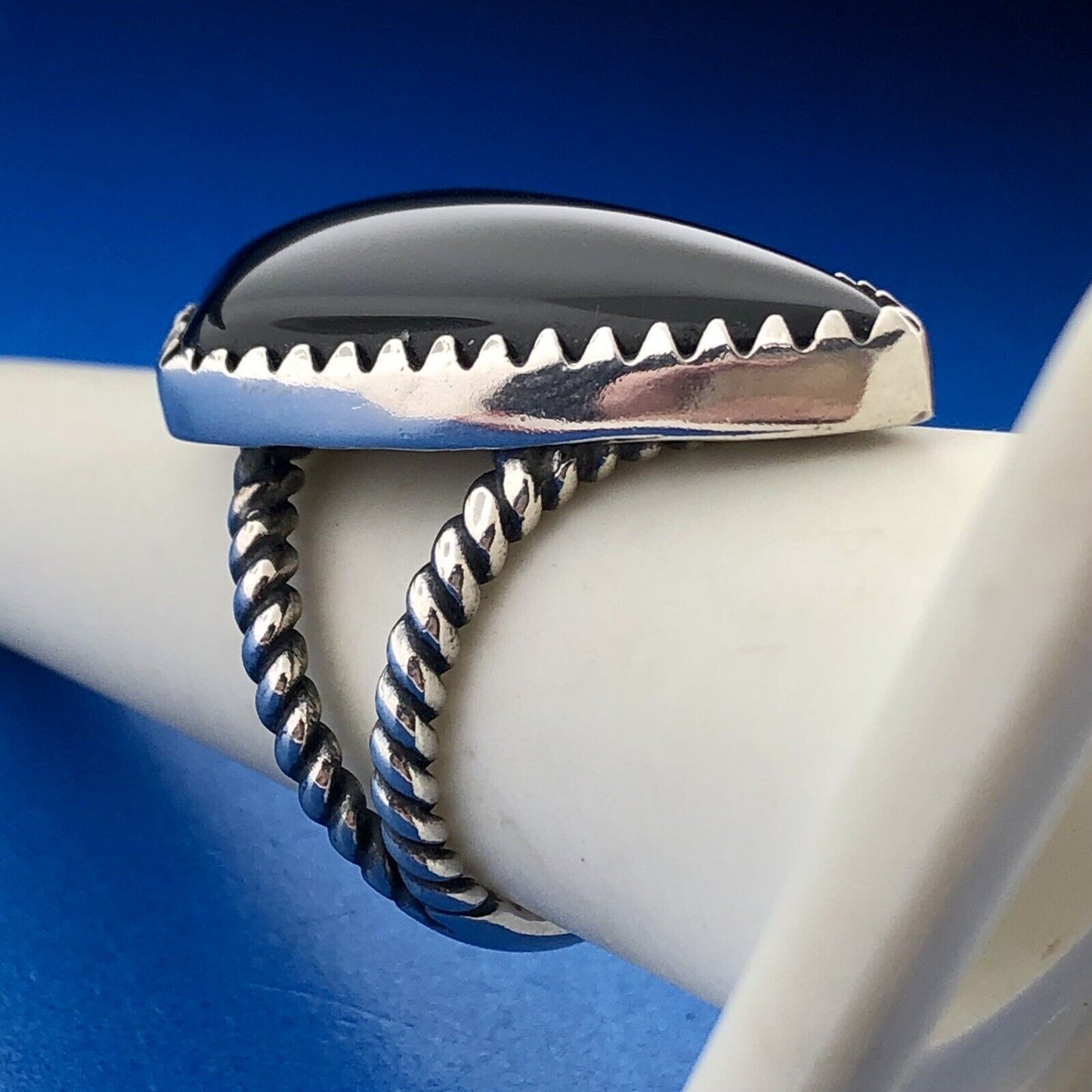 Vintage Sterling Silver 925 Black Onyx Teardrop Cabochon Statement Finger Ring