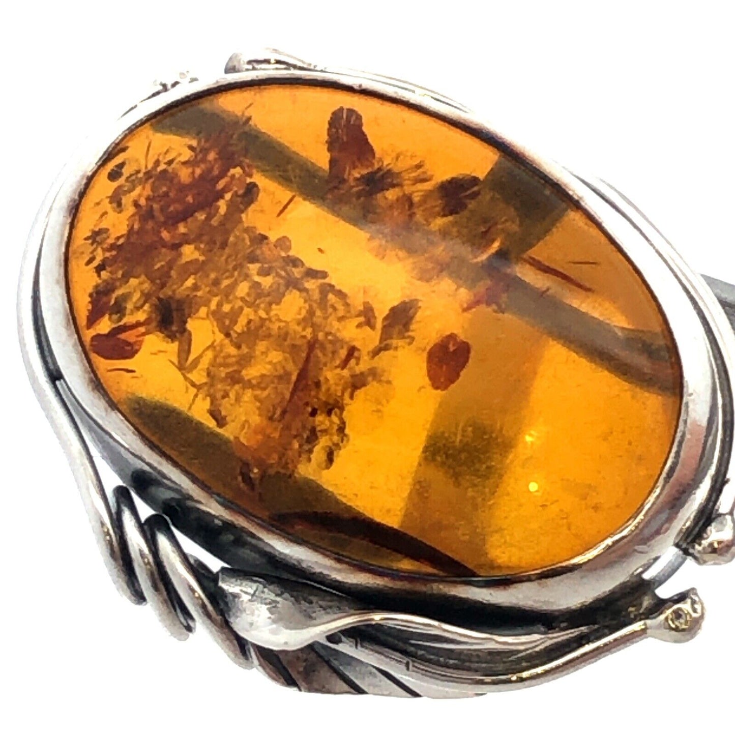 Vintage 925 Sterling Silver Oval Amber Vine Detail Statement Ring