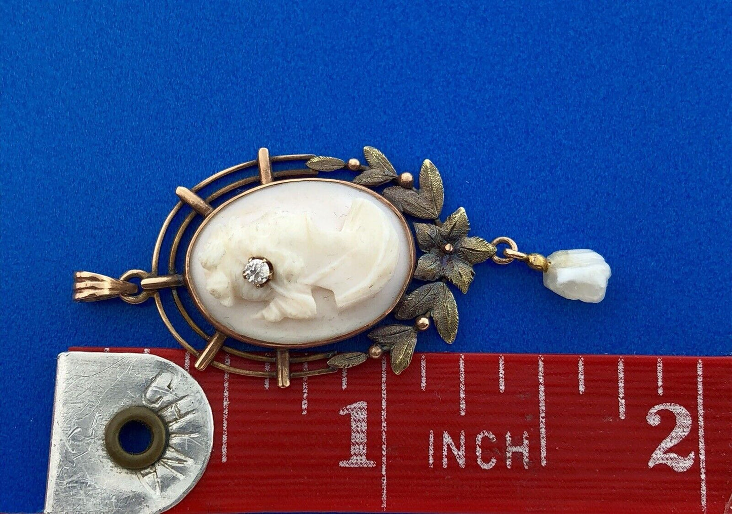 Victorian 10K Rose/Yellow Gold Pink Cameo Pearl Diamond Lavaliere Brooch Pendant