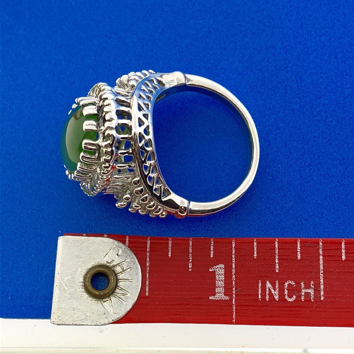 Retro 925 Sterling Silver Jade Jadeite Diamond Empire Statement Cocktail Ring