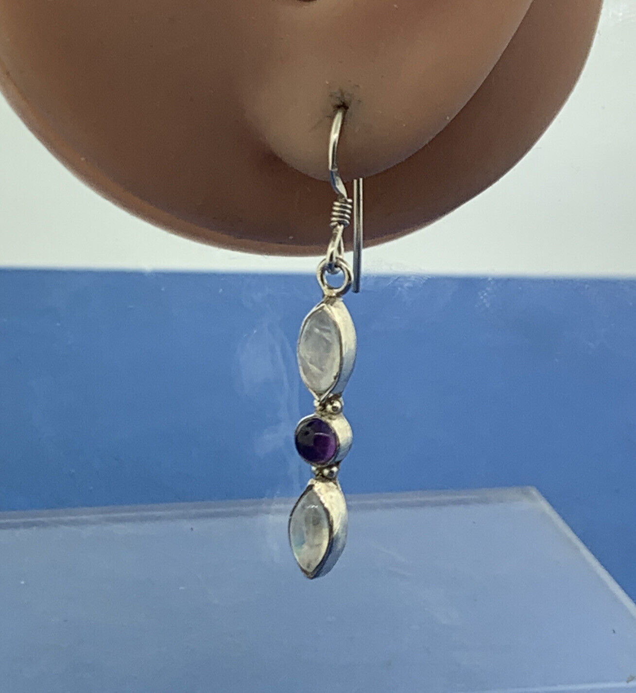 Designer Sterling Silver Moonstone Amethyst Dangle Drop Hook Earrings