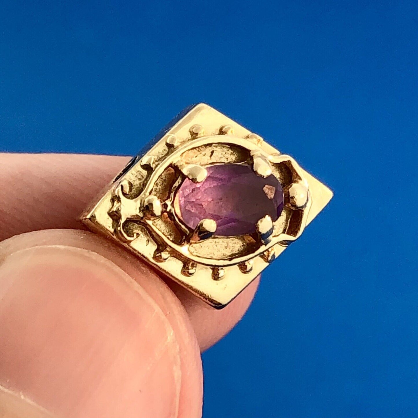 Retro 14K Yellow Gold Oval Amethyst Scroll Diamond Shaped Slide Bracelet Charm
