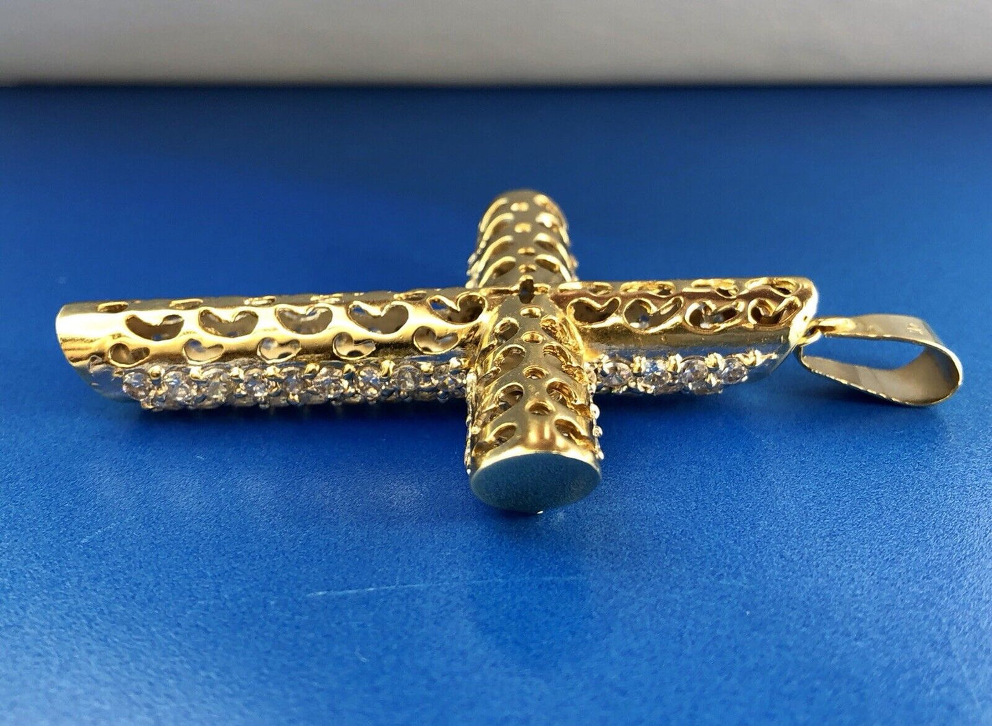 Statement 10K Yellow Gold Cubic Zirconia Encrusted Cross Religious Pendant