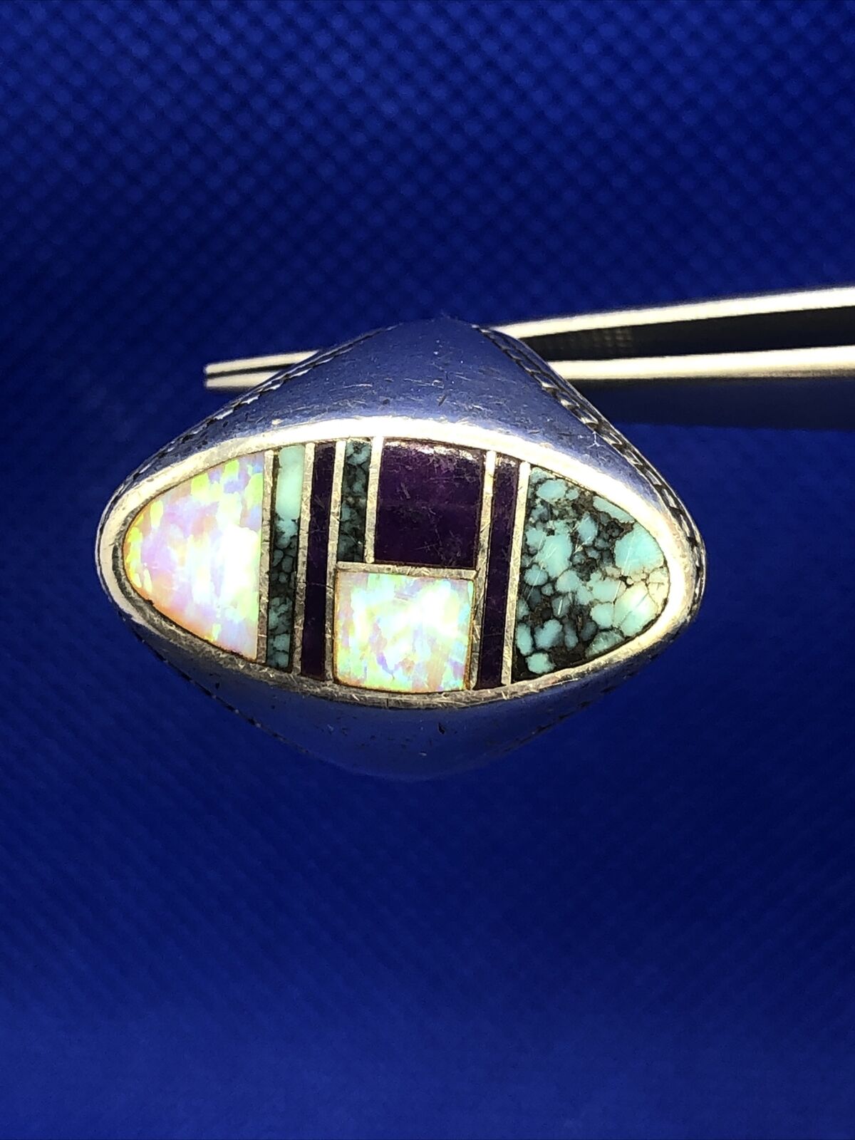 Vintage Designer Sterling Silver Purple Onyx Opal Turquoise Inlay Finger Ring