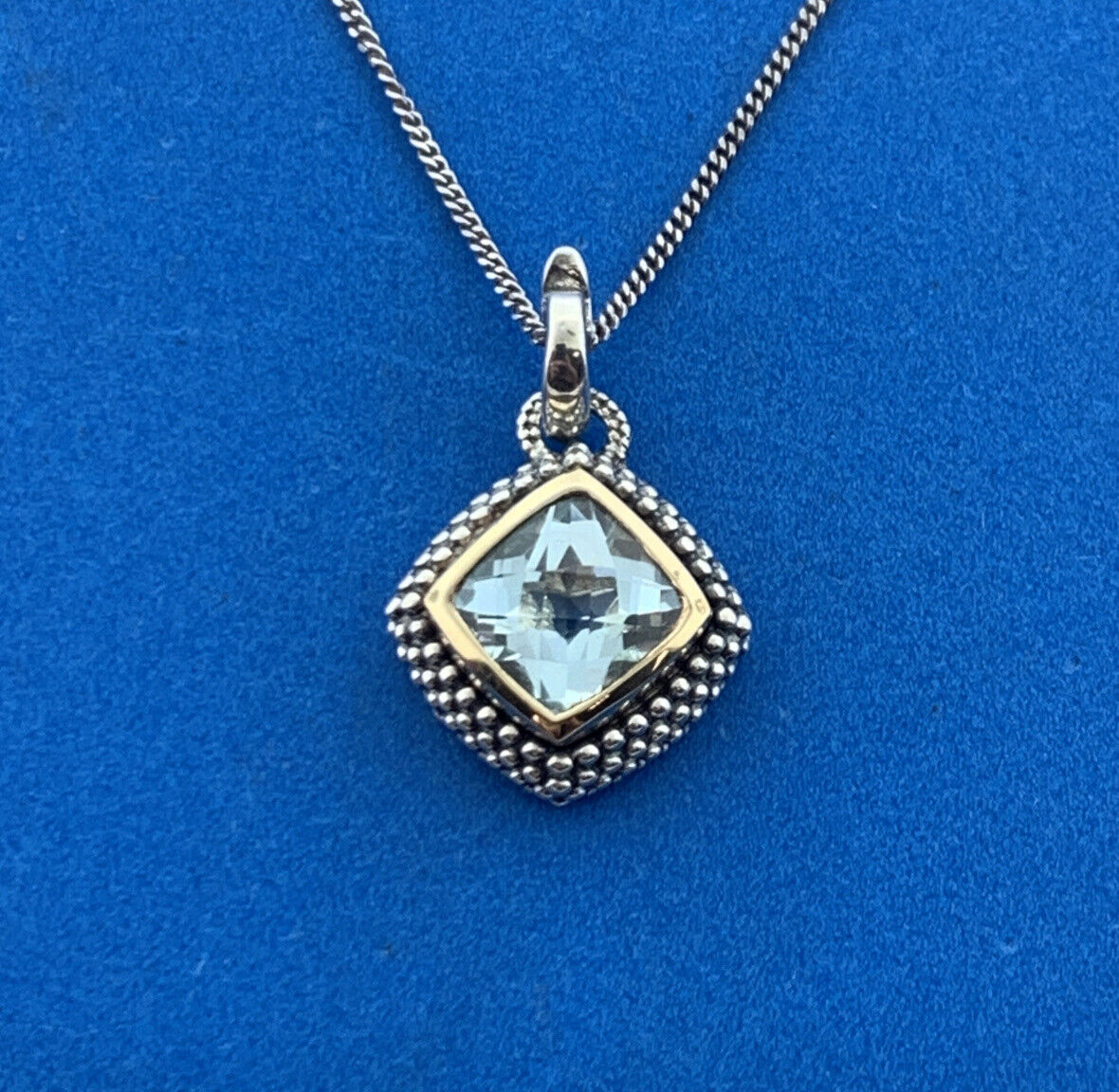Designer T&C 925 Sterling Silver 14K Yellow Gold Square Blue Topaz Necklace