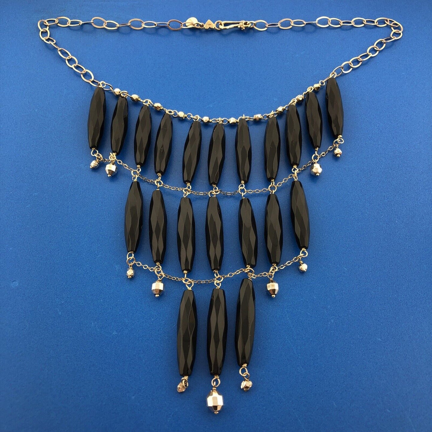 Chan Luu Vermeil Sterling Silver 925 Carved Long Black Bead 17" Bib Necklace