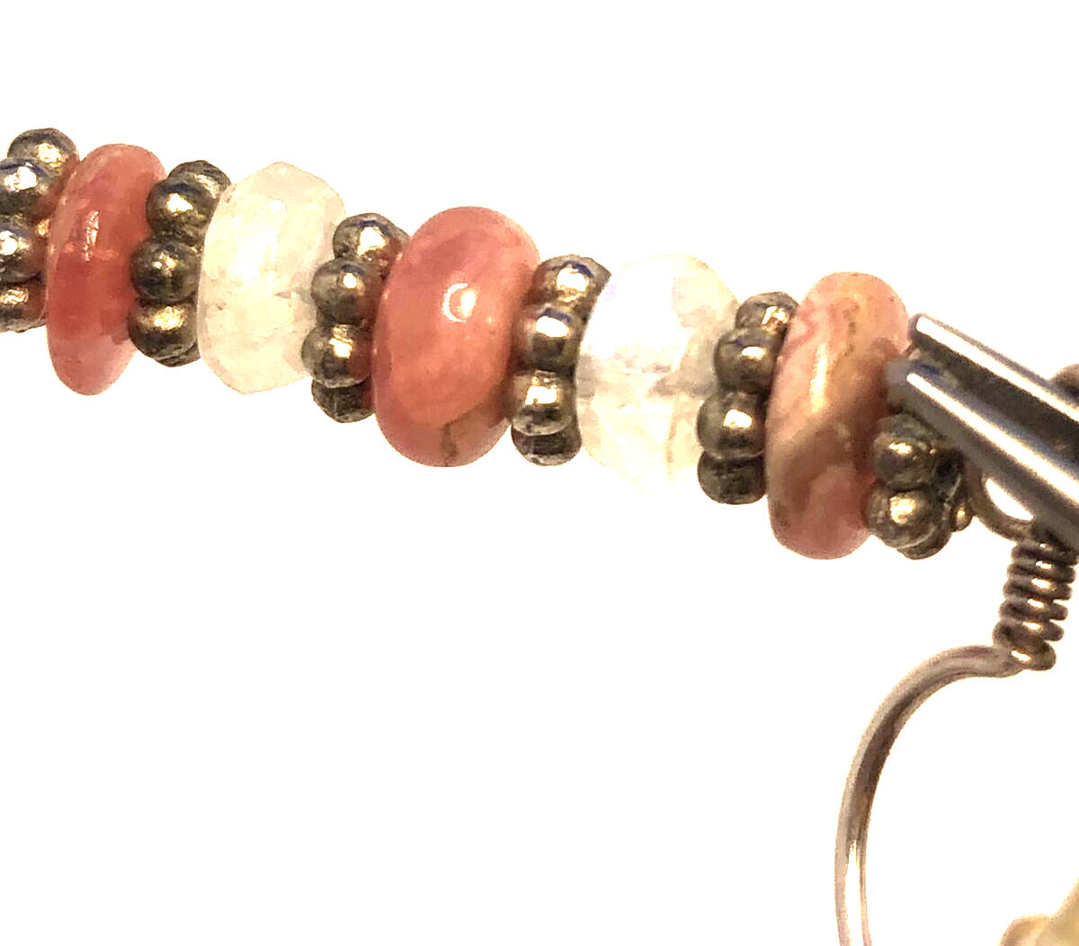 Sterling Silver 925 Pink Rhodochrosite and Moonstone Beaded Hook Dangle Earrings