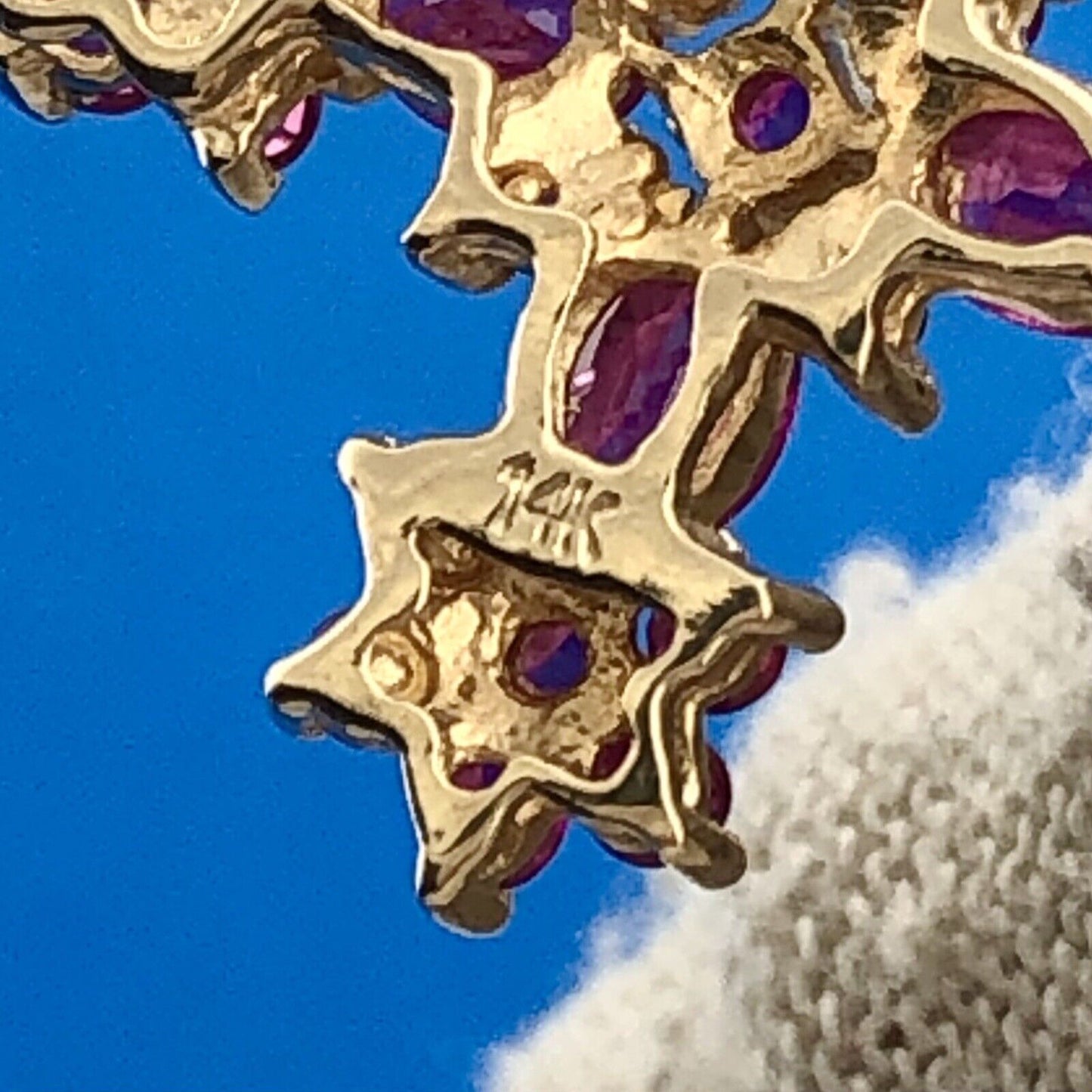 Designer 14k Yellow Gold Round Oval Cut Ruby Religious Cross Communion Necklace