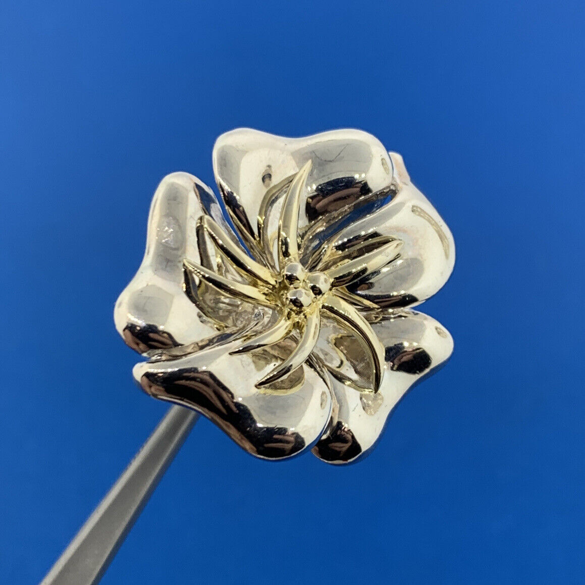 Designer China Sterling Silver 10K Gold Accent Flower Hibiscus Plumeria Ring